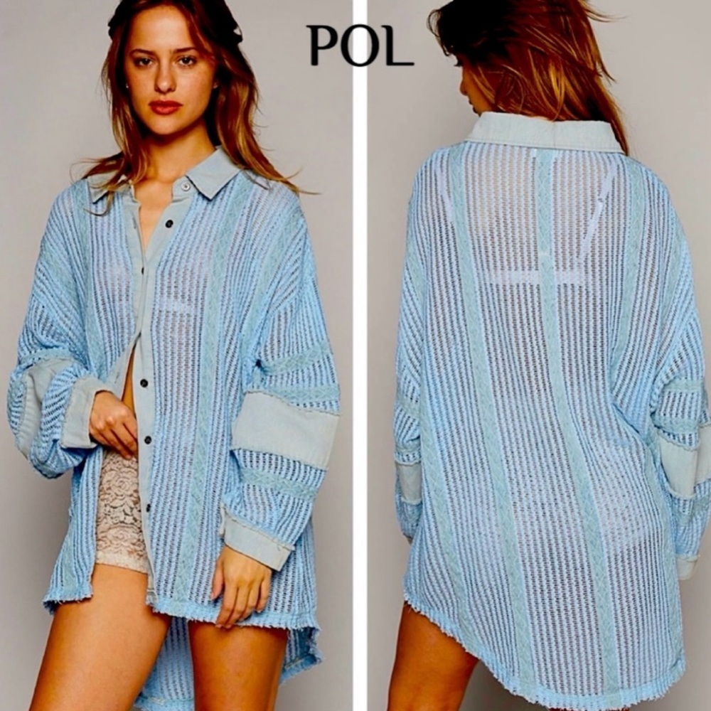 POL New Light Blue Textured Button-Up Shirt Size Small